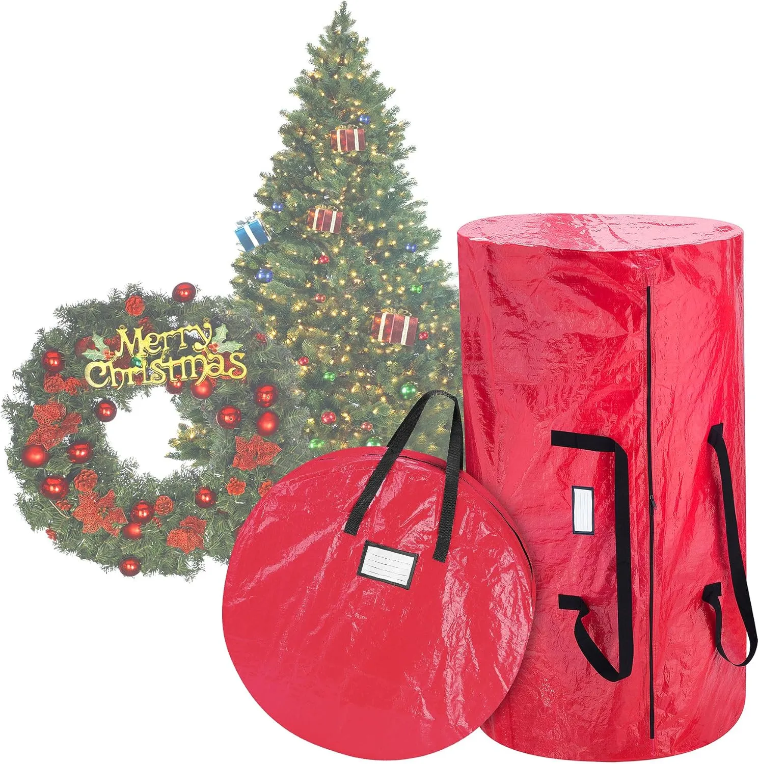Christmas Tree and Wreath Storage Bag Set - Zippered Canvas Organizers Store 9-Foot Artificial Tree and 30-Inch Holiday Wreaths by Elf Stor (Red)