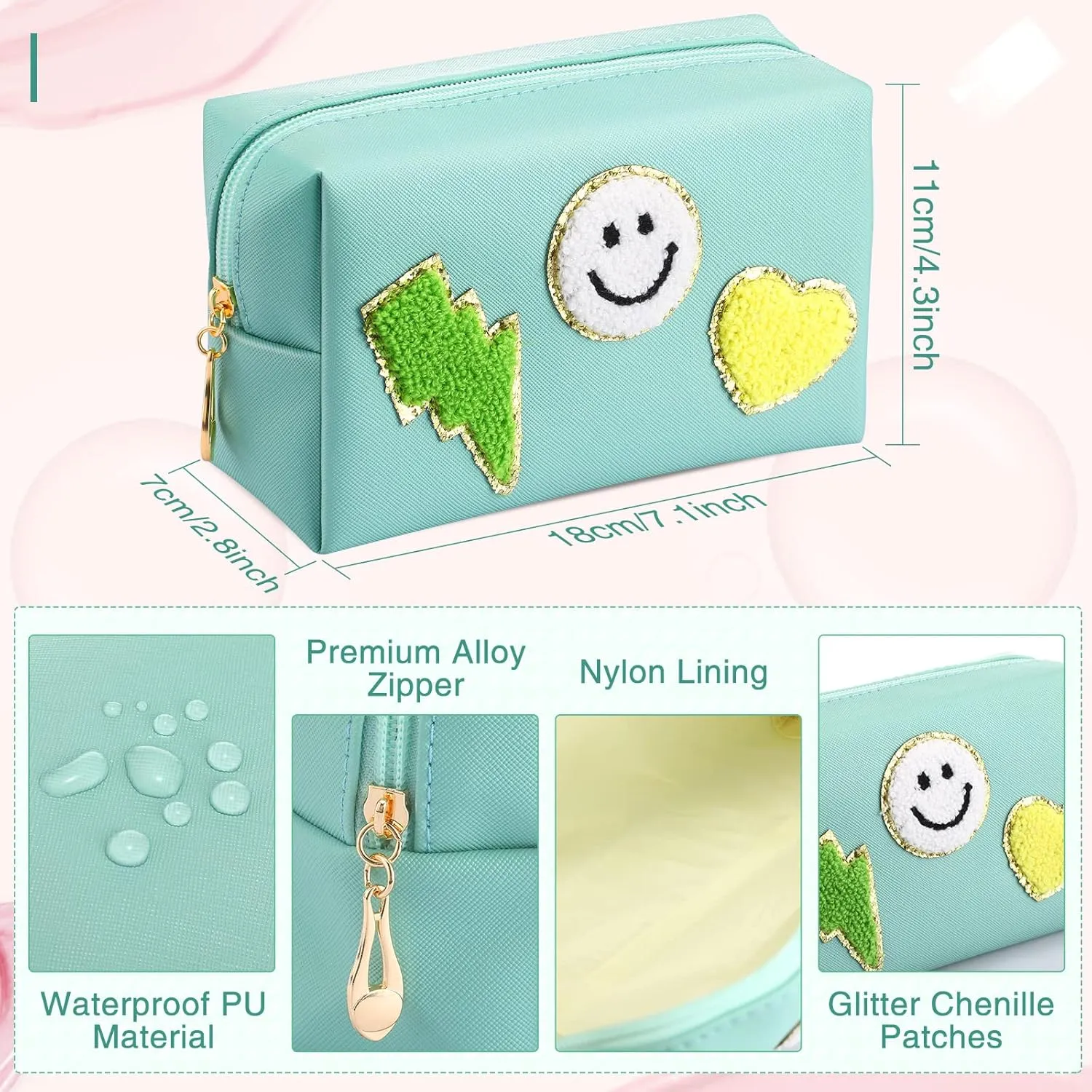 Chunful 9 Pieces Preppy Patch Makeup Bag Chenille Letters Cosmetic PU Leather Portable Waterproof Toiletry Travel Bag for Women End of the Year Teacher Gifts Bulk(Multicolor,Smile, Lightning, Heart)