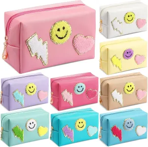 Chunful 9 Pieces Preppy Patch Makeup Bag Chenille Letters Cosmetic PU Leather Portable Waterproof Toiletry Travel Bag for Women End of the Year Teacher Gifts Bulk(Multicolor,Smile, Lightning, Heart)