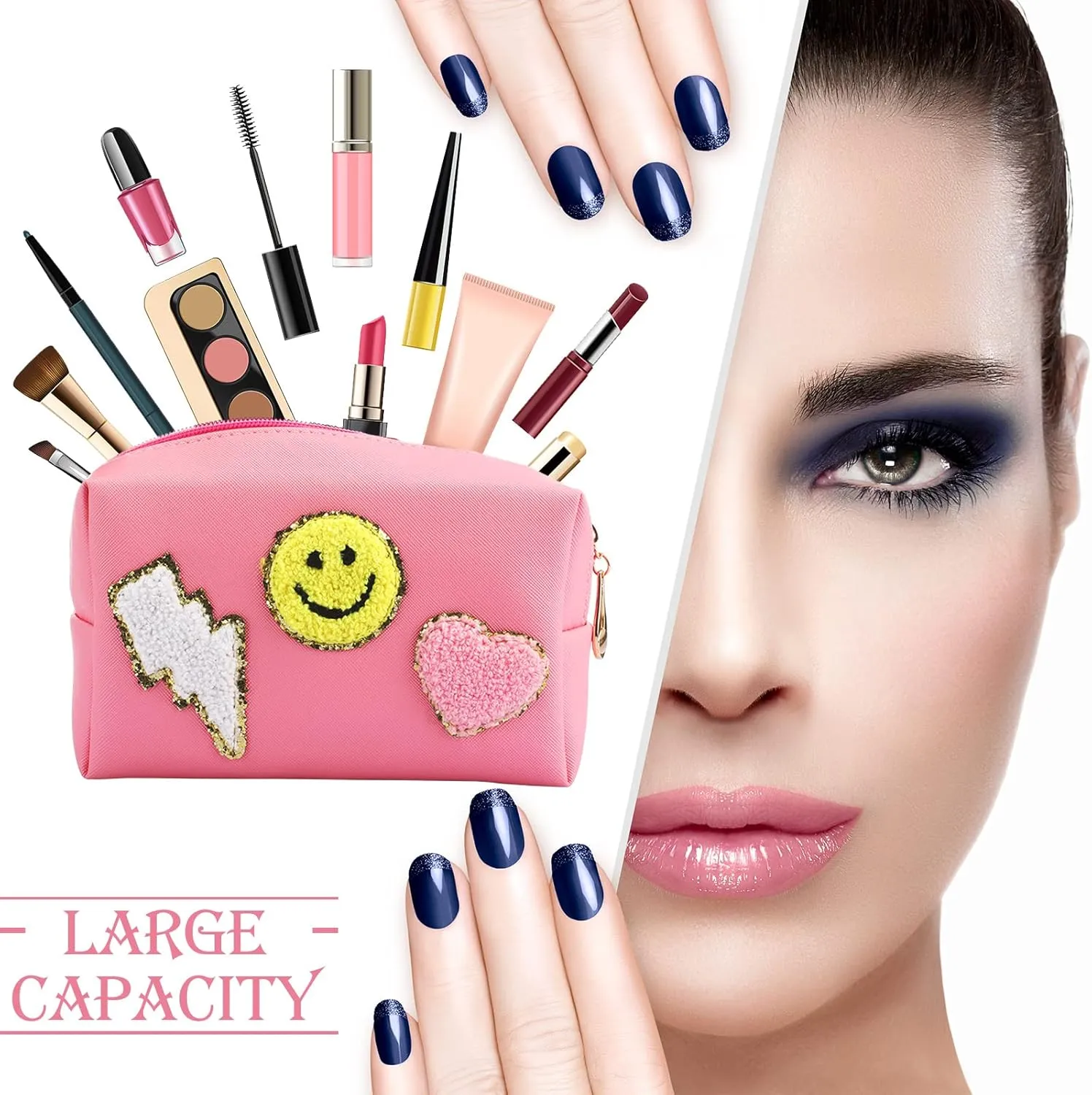 Chunful 9 Pieces Preppy Patch Makeup Bag Chenille Letters Cosmetic PU Leather Portable Waterproof Toiletry Travel Bag for Women End of the Year Teacher Gifts Bulk(Multicolor,Smile, Lightning, Heart)