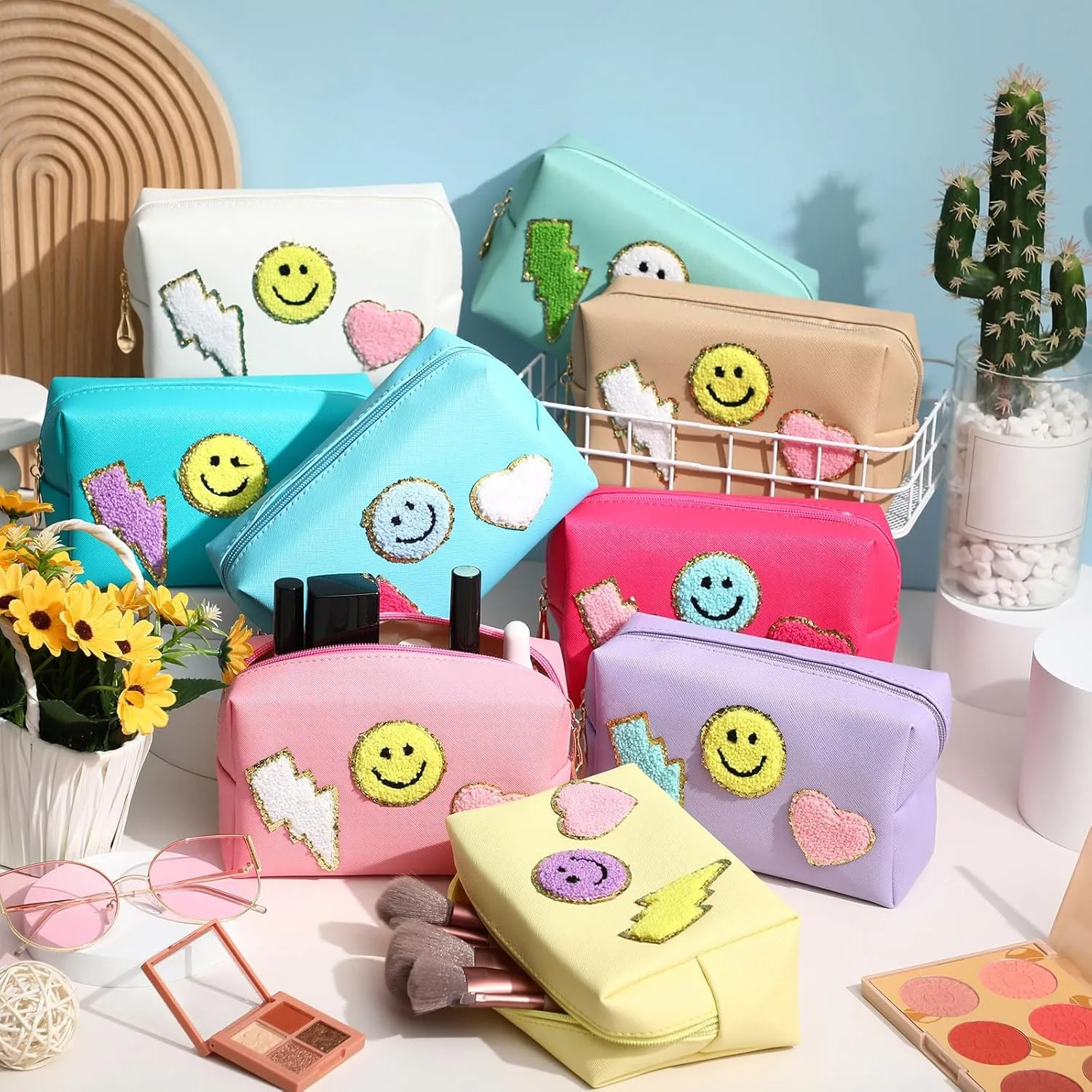 Chunful 9 Pieces Preppy Patch Makeup Bag Chenille Letters Cosmetic PU Leather Portable Waterproof Toiletry Travel Bag for Women End of the Year Teacher Gifts Bulk(Multicolor,Smile, Lightning, Heart)