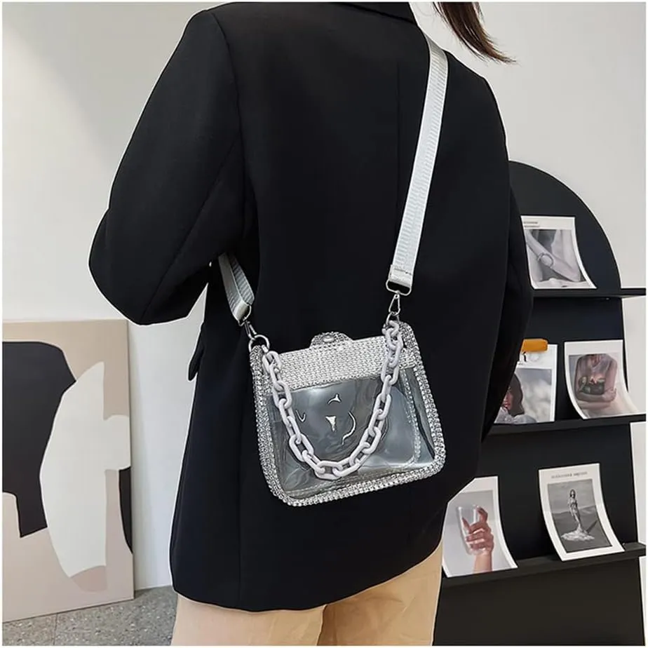 Clear Evening Purses Mini Clutch Bags Women's Crossbody Rhinestone Handbags Shiny Shoulder Bag