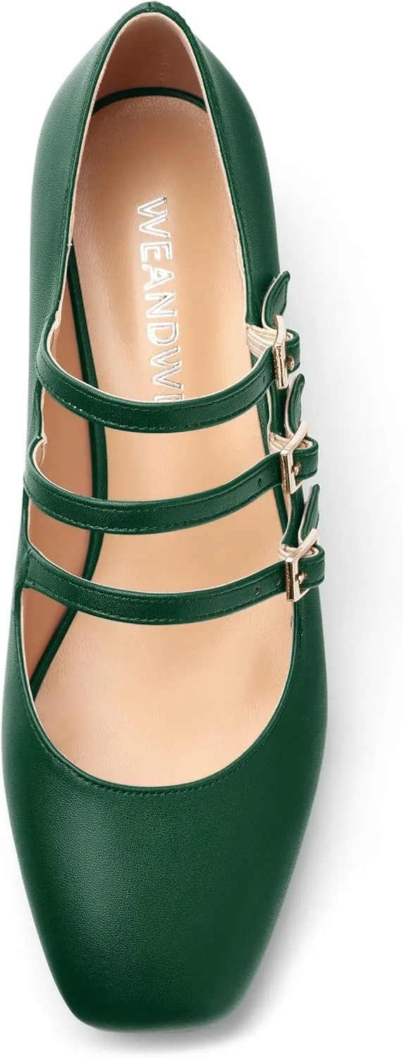 Closed Square Toe Low Chunky Heels for Women，Ladies Three Strap Mary Jane Pumps，Wedding Party Office Dress Shoes