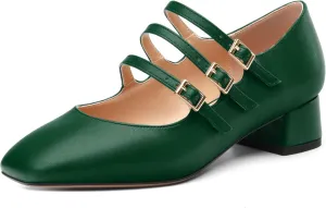 Closed Square Toe Low Chunky Heels for Women，Ladies Three Strap Mary Jane Pumps，Wedding Party Office Dress Shoes