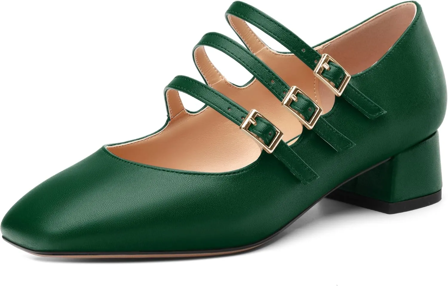 Closed Square Toe Low Chunky Heels for Women，Ladies Three Strap Mary Jane Pumps，Wedding Party Office Dress Shoes