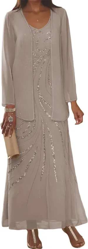 Clothfun Chiffon Long Mother of The Bride Dress 2025 Sequin Wedding Guest Dress with Jacket CY134