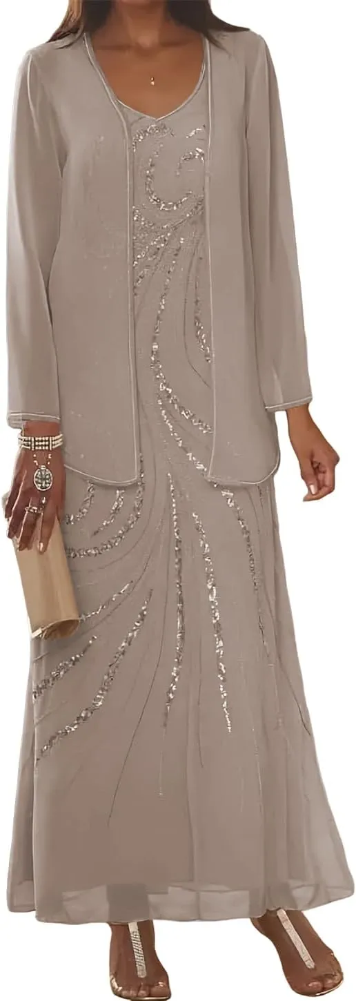 Clothfun Chiffon Long Mother of The Bride Dress 2025 Sequin Wedding Guest Dress with Jacket CY134