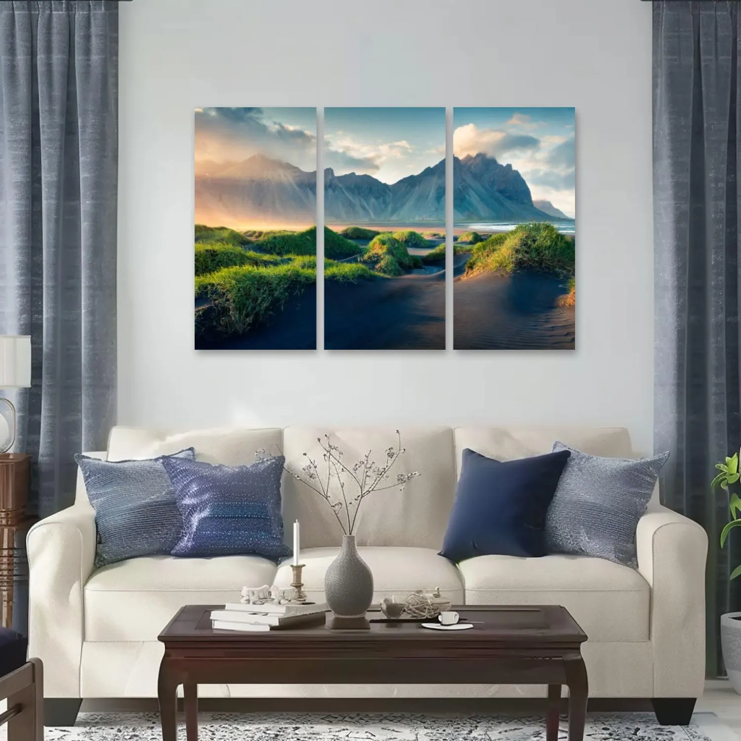 Coastal Wall Art Black sand dunes Stokksnes headland Poster Print On Large Canvas Wall Art for Living Room Office Framed Home Decor Ready to Hang 12"x14"x3pcs