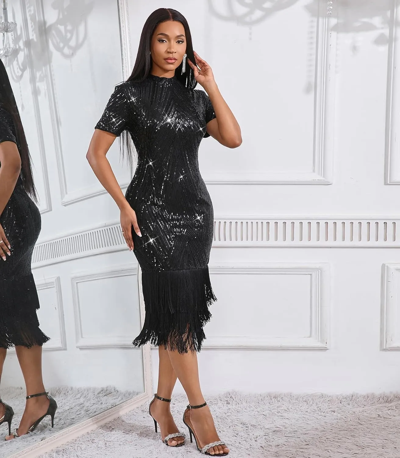 Cololura Elegant Women Sequin Short Sleeve Tassel Bodycon Midi Dress Party Evening Gown Formal Dress