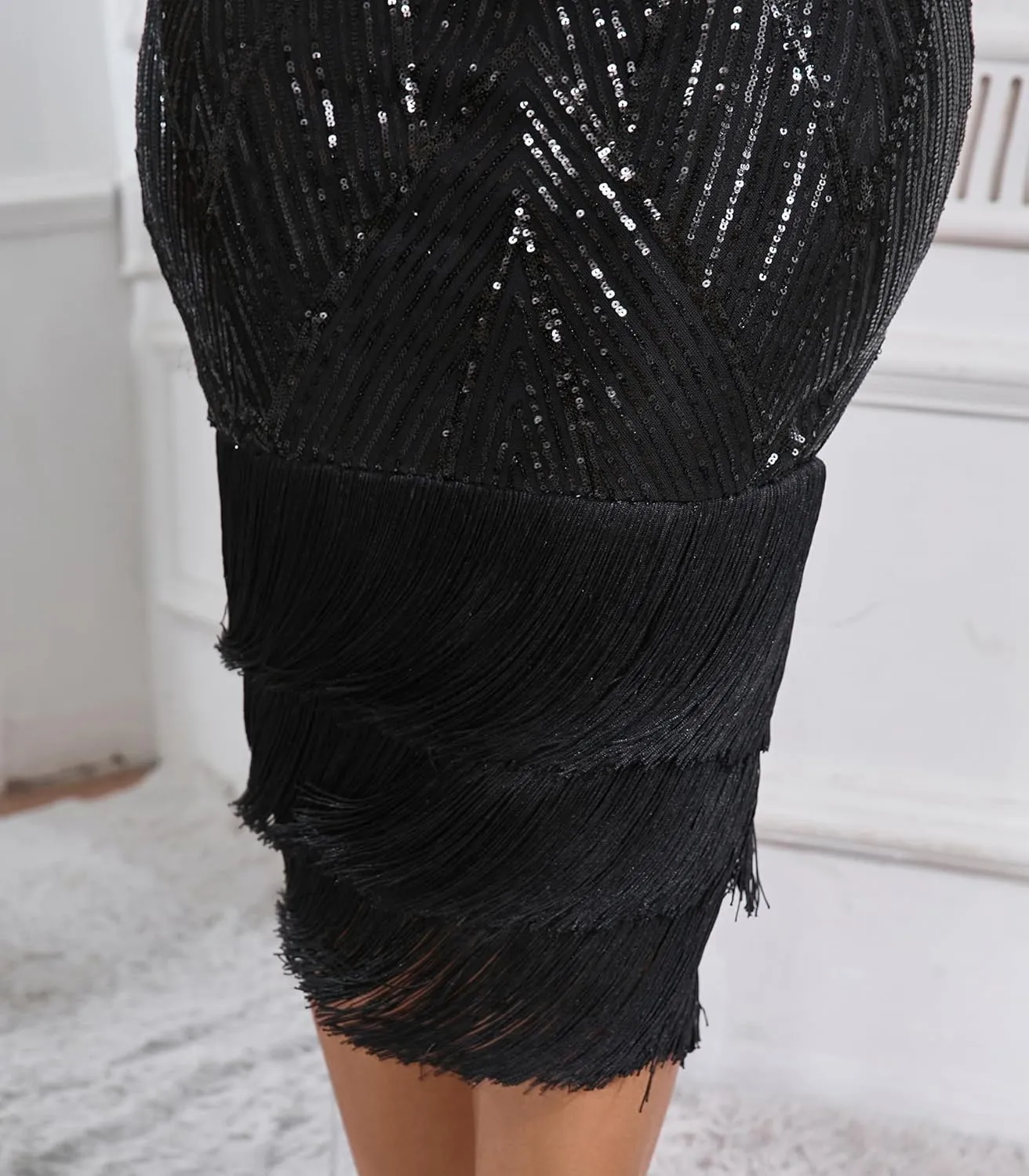 Cololura Elegant Women Sequin Short Sleeve Tassel Bodycon Midi Dress Party Evening Gown Formal Dress