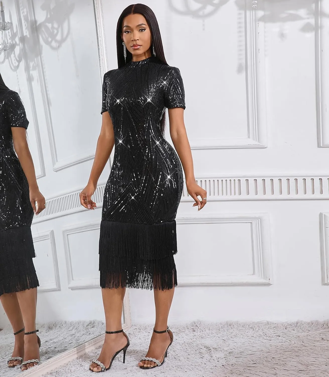 Cololura Elegant Women Sequin Short Sleeve Tassel Bodycon Midi Dress Party Evening Gown Formal Dress