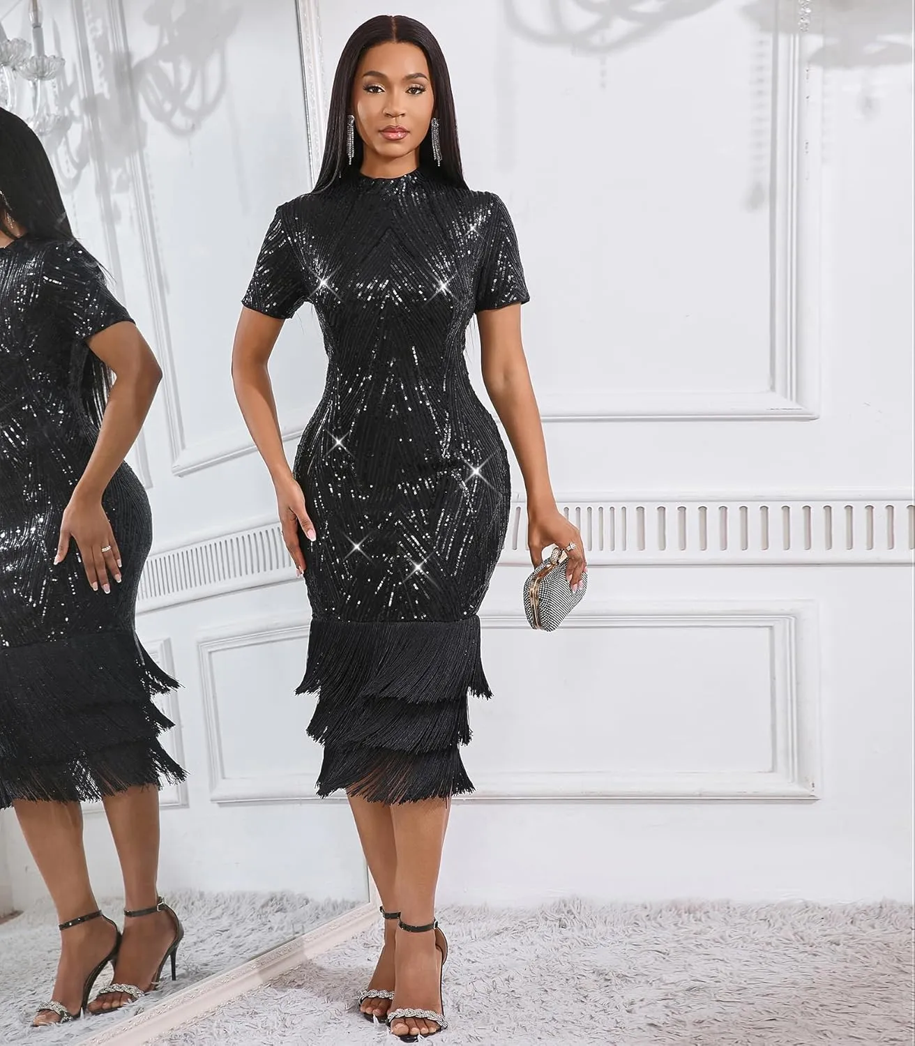 Cololura Elegant Women Sequin Short Sleeve Tassel Bodycon Midi Dress Party Evening Gown Formal Dress