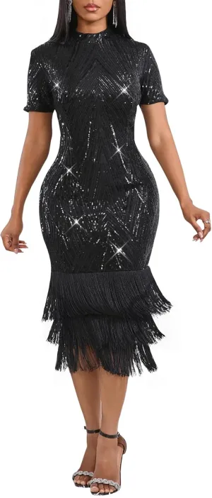 Cololura Elegant Women Sequin Short Sleeve Tassel Bodycon Midi Dress Party Evening Gown Formal Dress