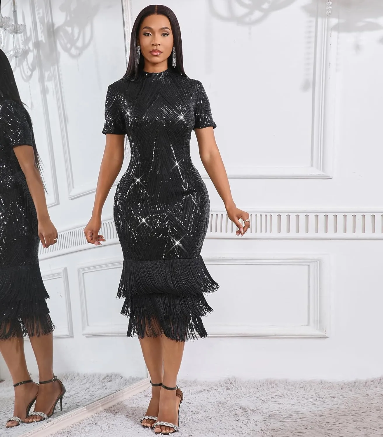 Cololura Elegant Women Sequin Short Sleeve Tassel Bodycon Midi Dress Party Evening Gown Formal Dress