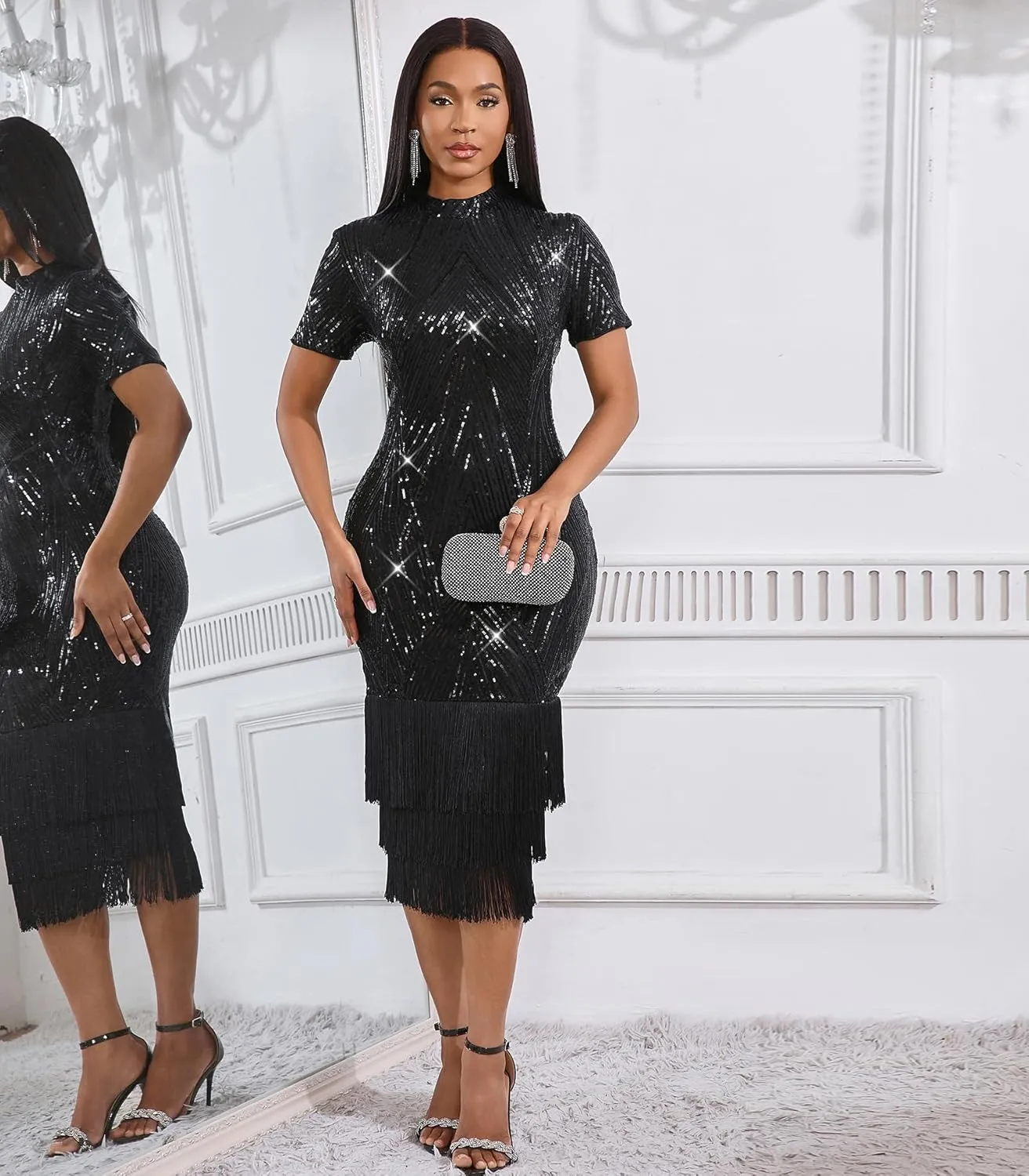 Cololura Elegant Women Sequin Short Sleeve Tassel Bodycon Midi Dress Party Evening Gown Formal Dress