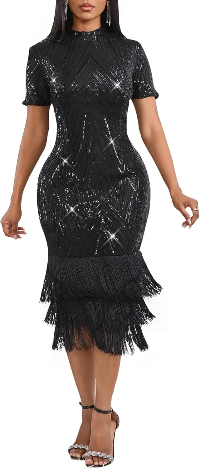 Cololura Elegant Women Sequin Short Sleeve Tassel Bodycon Midi Dress Party Evening Gown Formal Dress