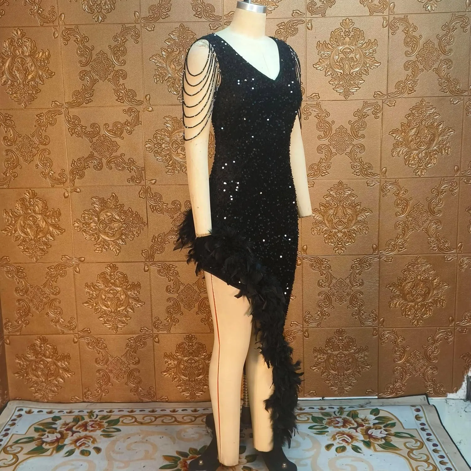 Cololura Women Sexy Elegant Sequin V Neck Tassel Mermaid Bodycon Formal Party Gowns Evening Maxi Dress