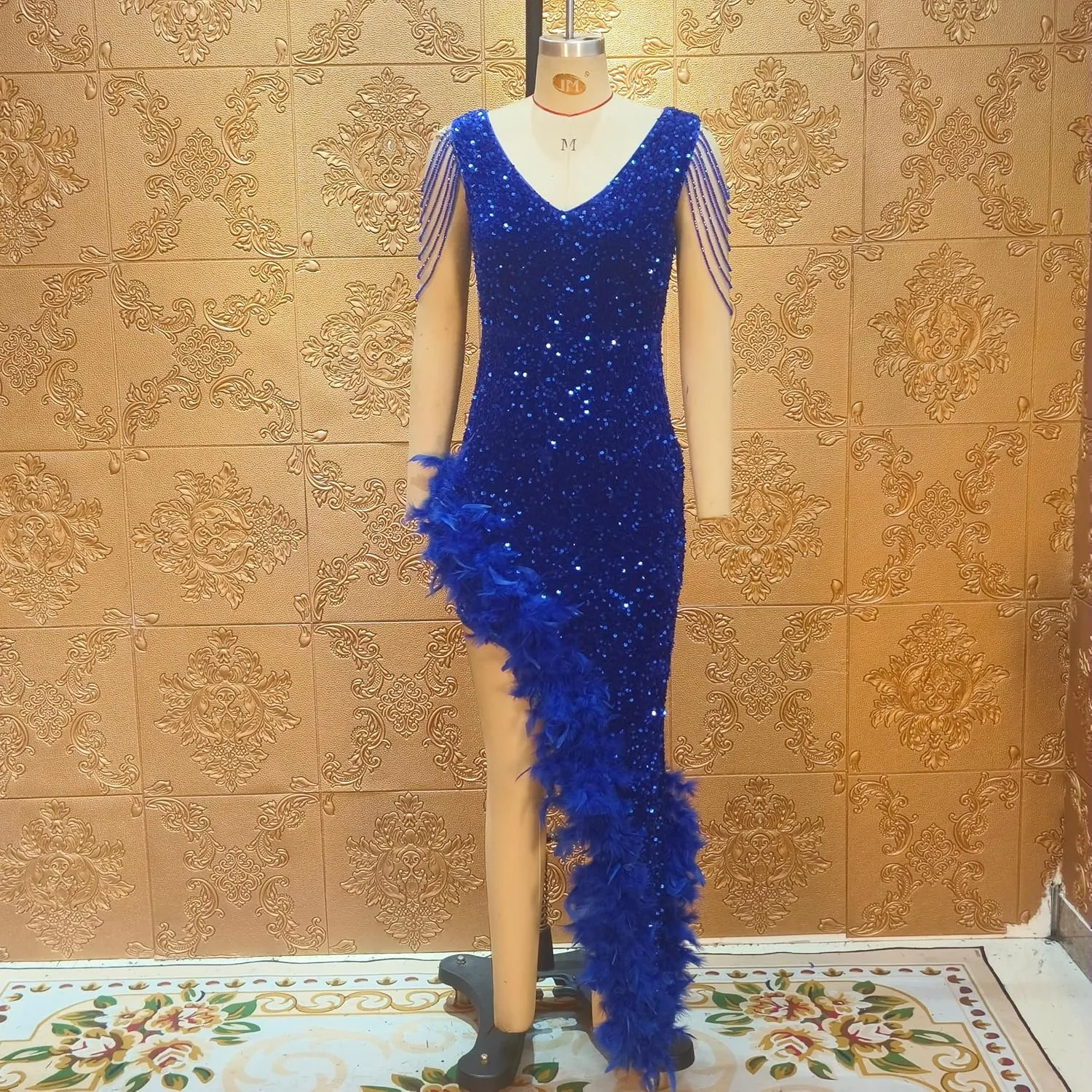 Cololura Women Sexy Elegant Sequin V Neck Tassel Mermaid Bodycon Formal Party Gowns Evening Maxi Dress