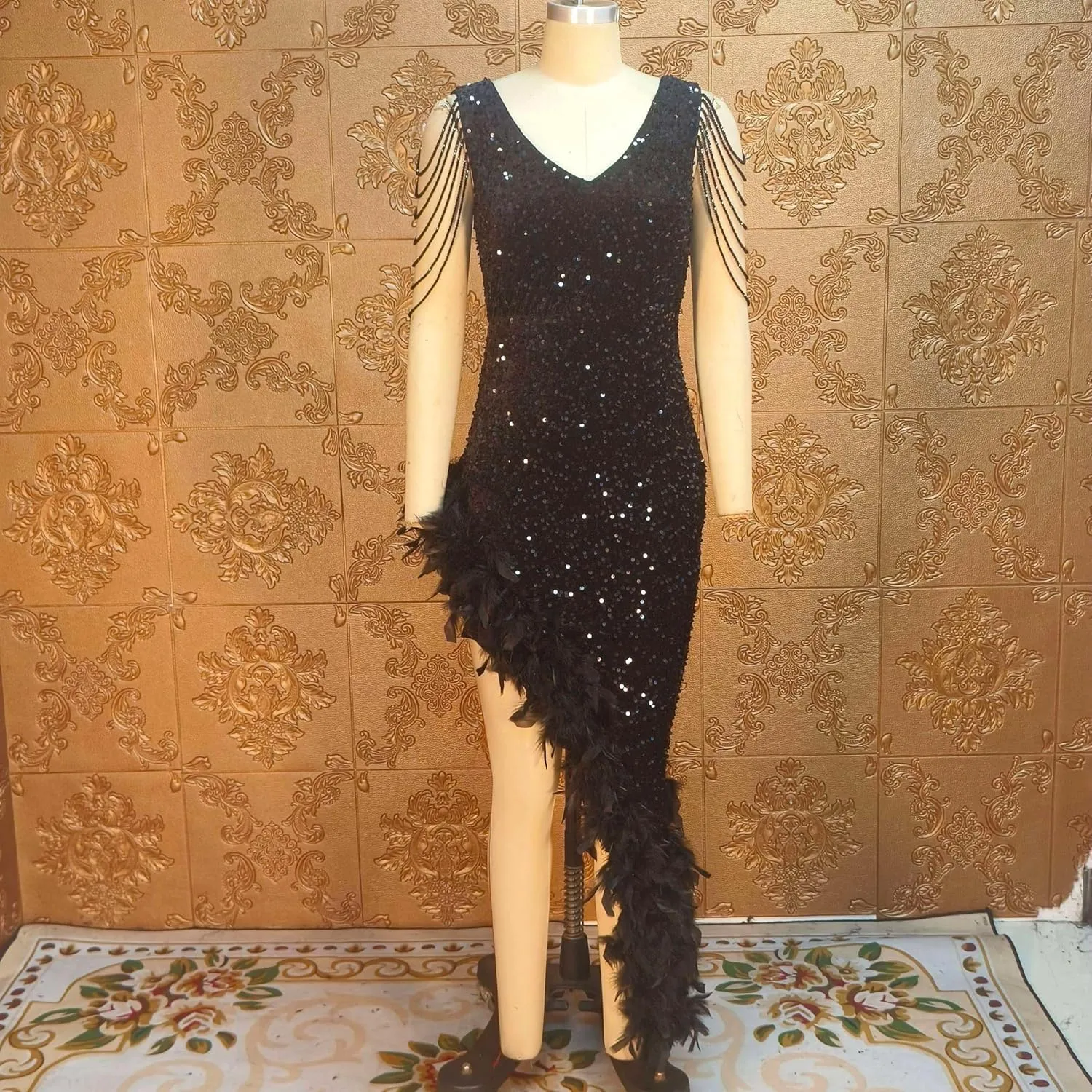 Cololura Women Sexy Elegant Sequin V Neck Tassel Mermaid Bodycon Formal Party Gowns Evening Maxi Dress