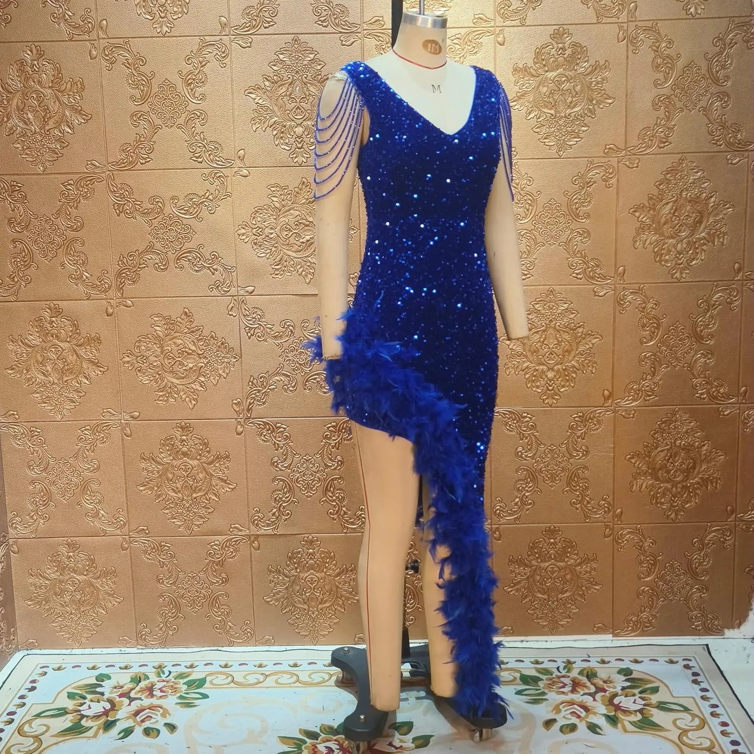 Cololura Women Sexy Elegant Sequin V Neck Tassel Mermaid Bodycon Formal Party Gowns Evening Maxi Dress