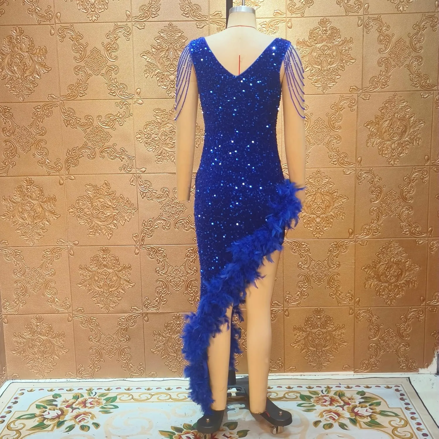 Cololura Women Sexy Elegant Sequin V Neck Tassel Mermaid Bodycon Formal Party Gowns Evening Maxi Dress