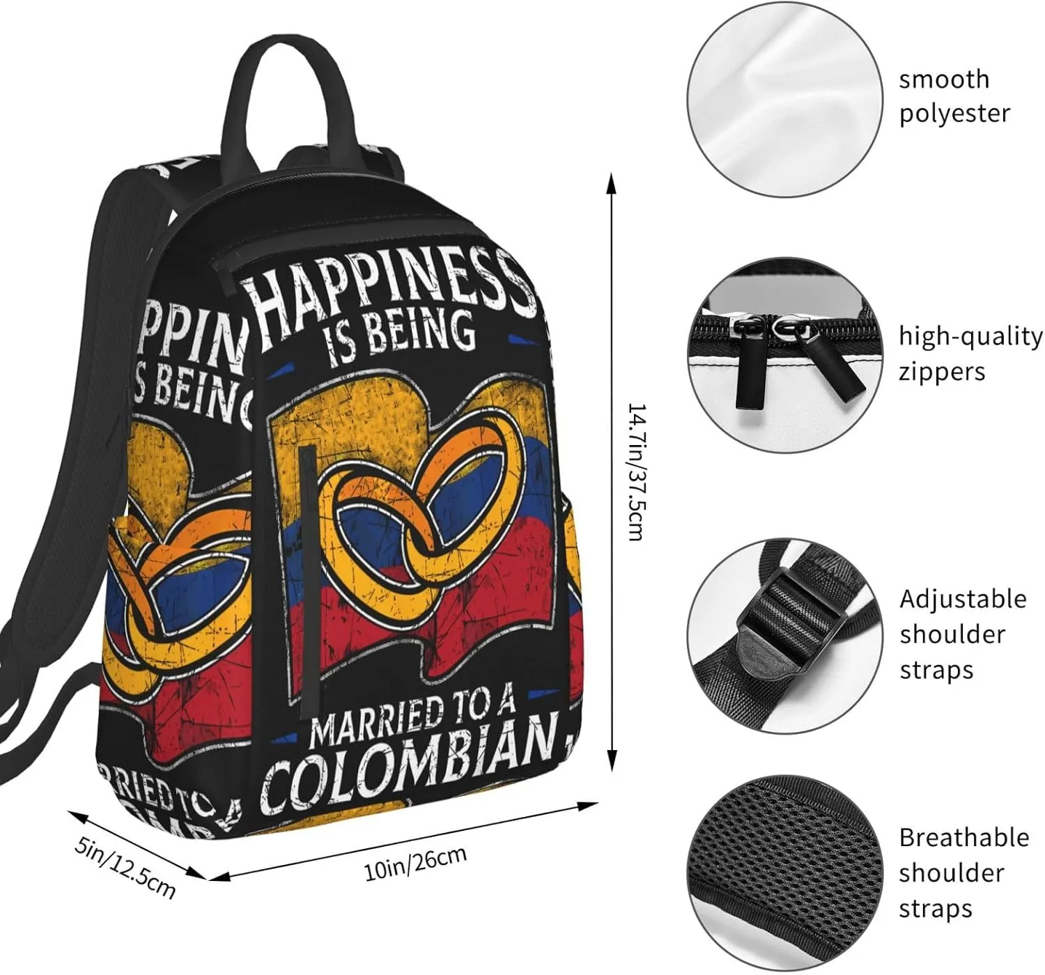 Colombia Marriage Colombian Married Flag Culture Casual Backpacks Large Capacity Laptop Backpack Sports Fitness Rucksack Travel Carry-On Daypack Work Bag for Outdoor Camping
