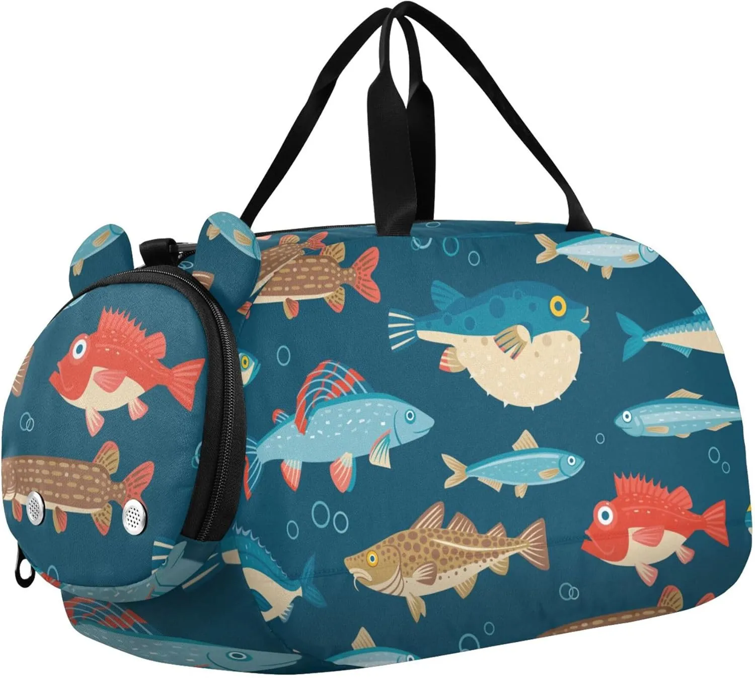 Colorful Fish Puffer Fish Sports Duffle Bag for Girls Boys, Gym Bag with Shoe Compartment, Kids Travel Overnight Weekender Shoulder Bag
