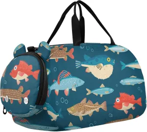 Colorful Fish Puffer Fish Sports Duffle Bag for Girls Boys, Gym Bag with Shoe Compartment, Kids Travel Overnight Weekender Shoulder Bag