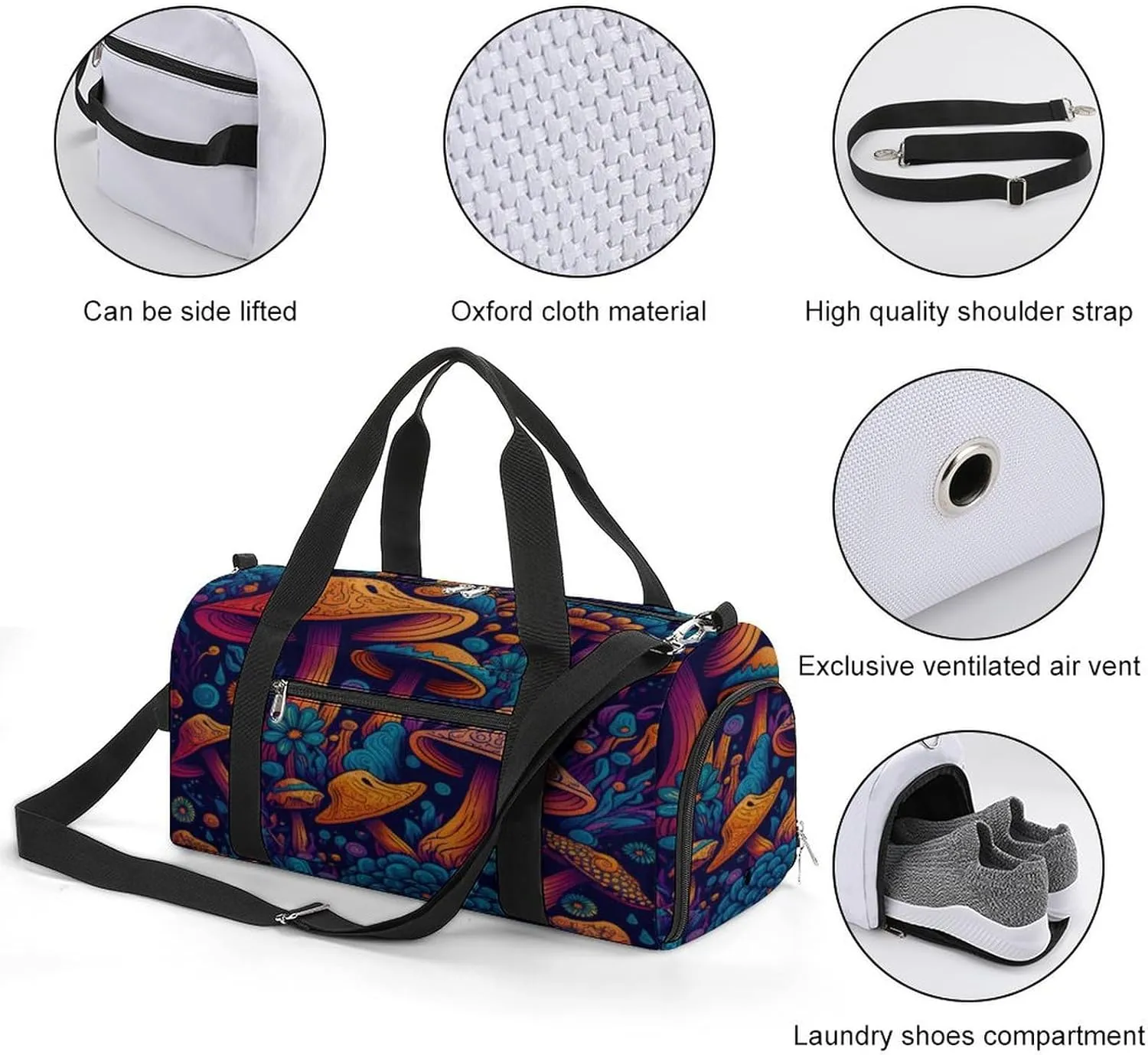 Colorful Mushrooms Print Travel Duffel Bag for Men Women with Shoe Compartment Waterproof