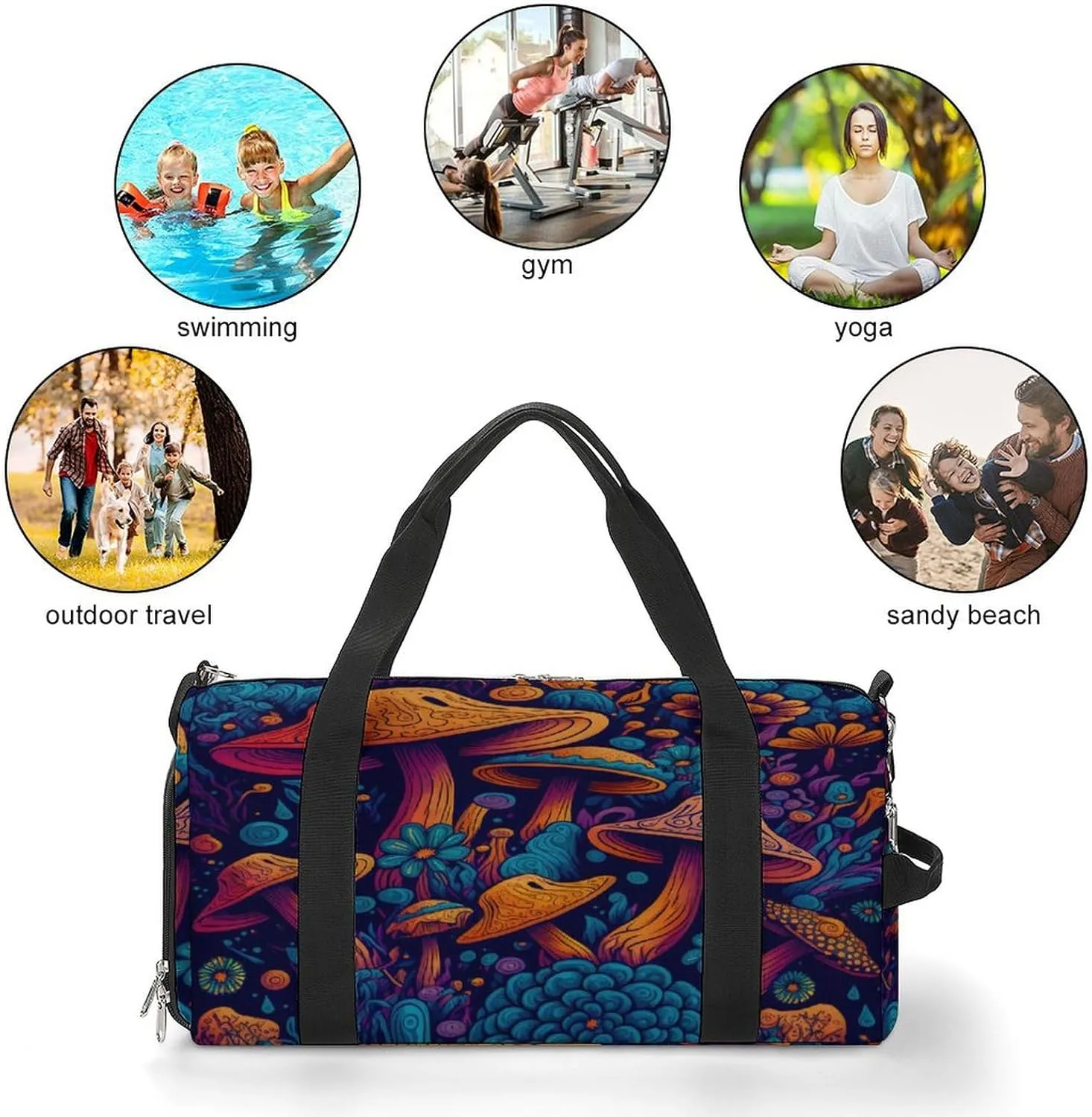 Colorful Mushrooms Print Travel Duffel Bag for Men Women with Shoe Compartment Waterproof