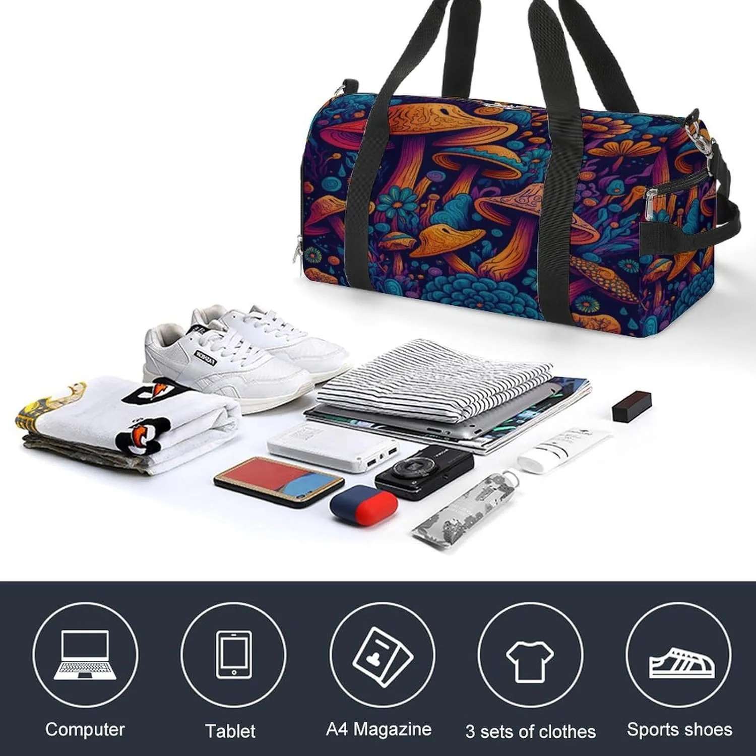 Colorful Mushrooms Print Travel Duffel Bag for Men Women with Shoe Compartment Waterproof