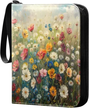 Colorful Wildflowers Card Binder 4-Pocket, 400 Pockets Trading Cards Holder Games Card Albums Storage Organizer Case for Football, Baseball Cards