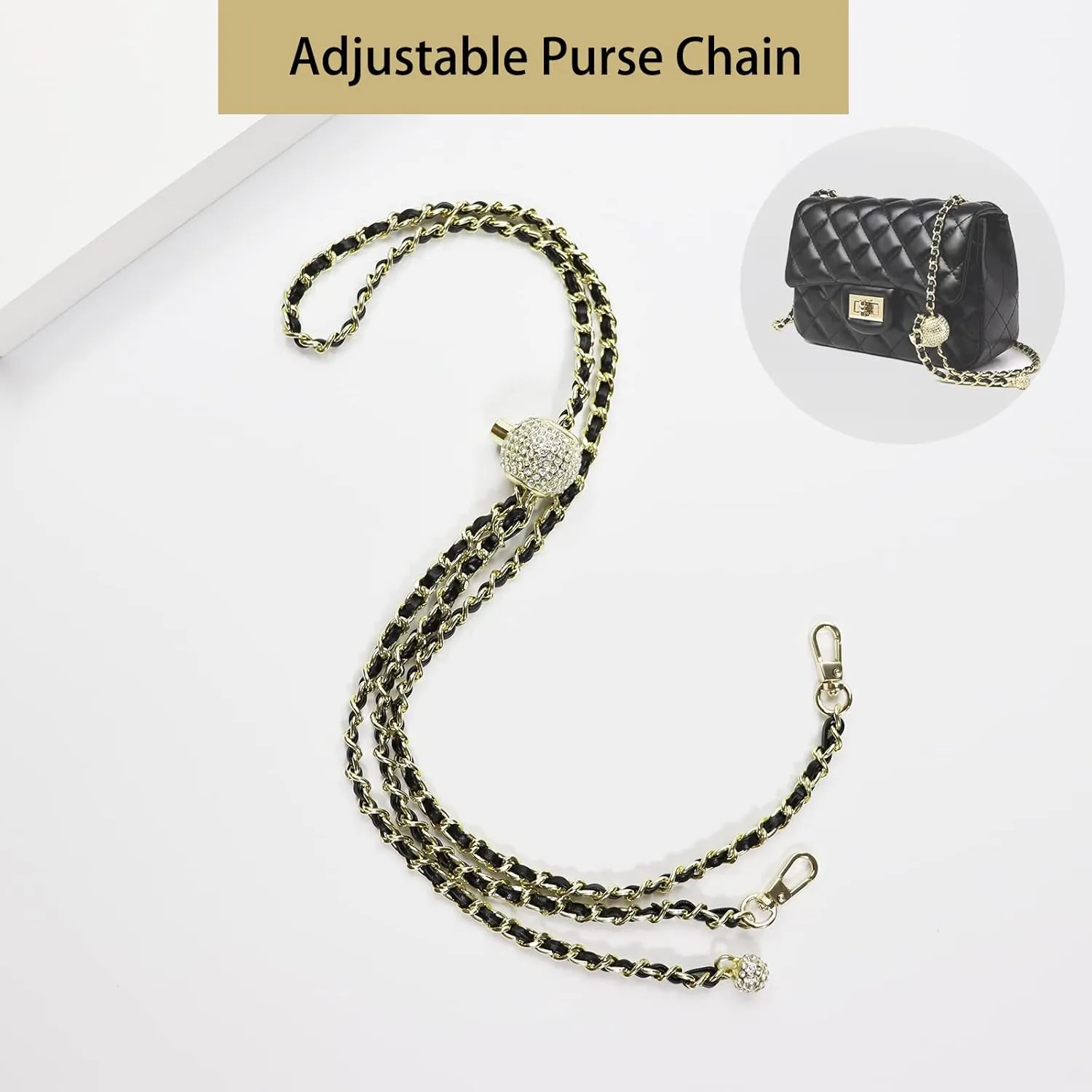 COLSEEY Purse Chain Strap Adjustable Replacement for Shoulder and Crossbody Bag,Thin Purse Strap 51 Inchs (Diamonds（Black Leather）)