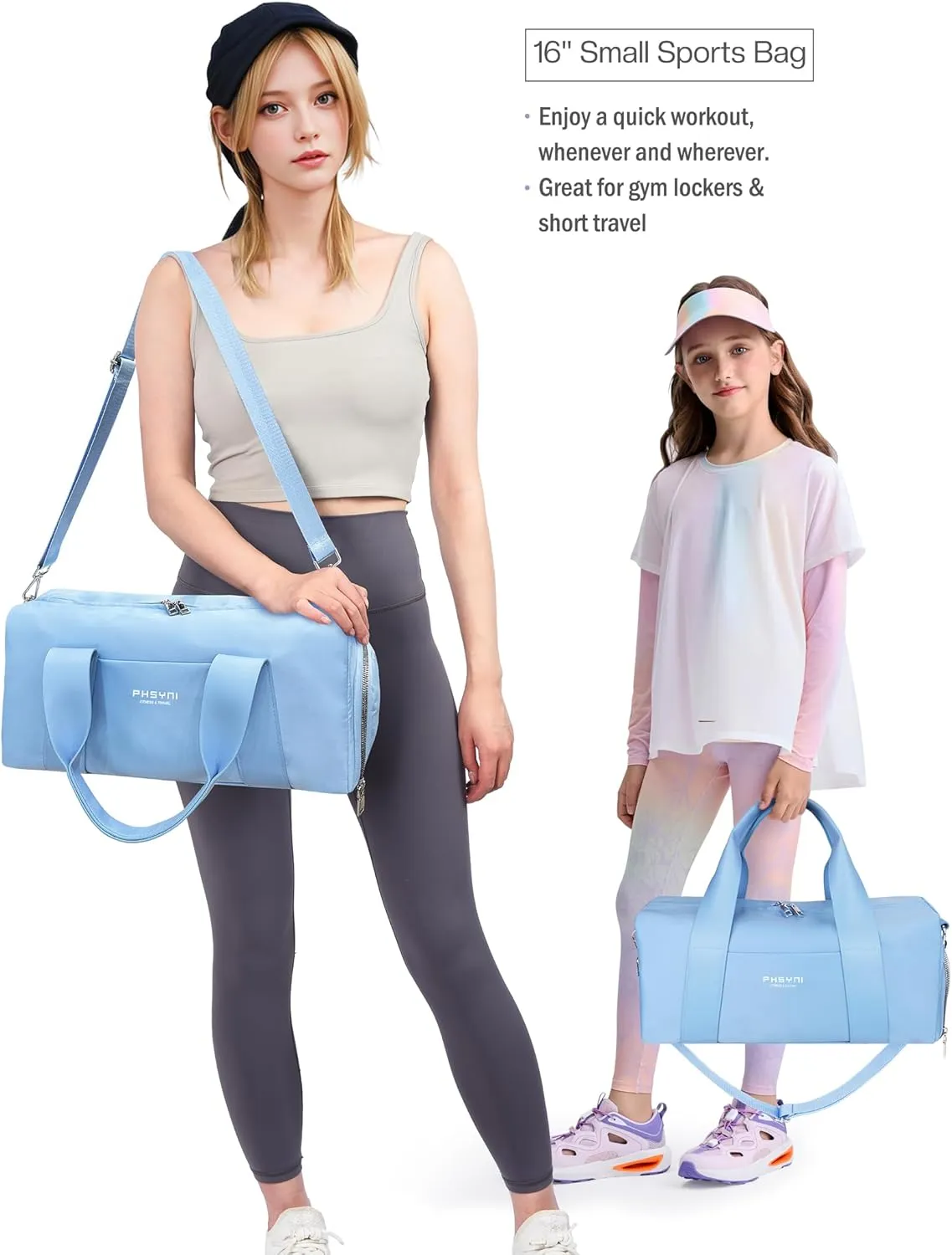 Compact Sports Gym Bag for Women, Cute Mini Duffle Bag with Wet Pocket & Shoes Compartment, Personal Item Travel Workout Bag, 16"- Small, Sky Blue