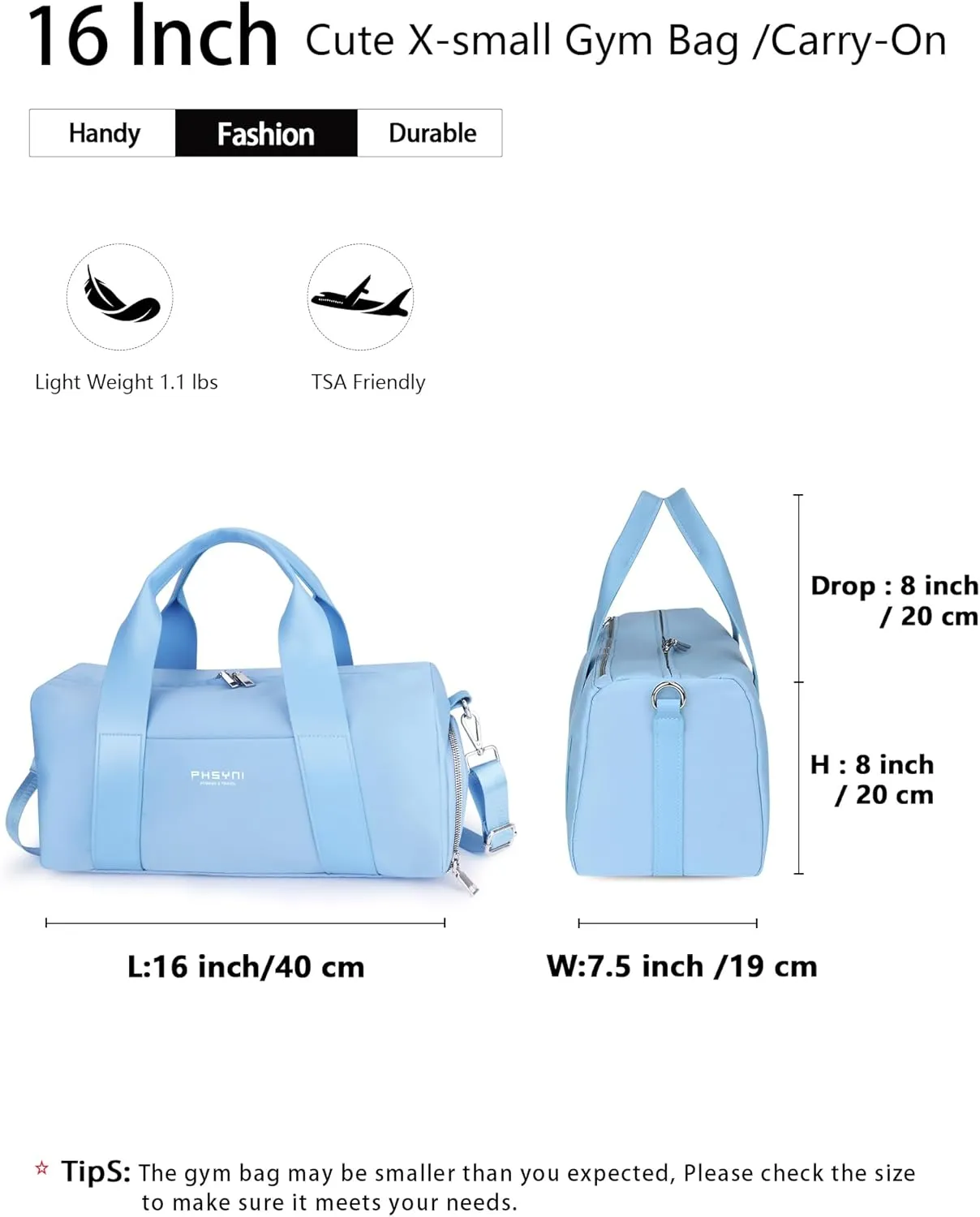 Compact Sports Gym Bag for Women, Cute Mini Duffle Bag with Wet Pocket & Shoes Compartment, Personal Item Travel Workout Bag, 16"- Small, Sky Blue