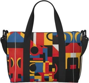 Composition in Red Yellow Blue and Black Print Tote Crossbody Travel Bag with Zip Casual Handbag for Weekend Trips and Gym Shopping, Black, One Size, Travel Tote
