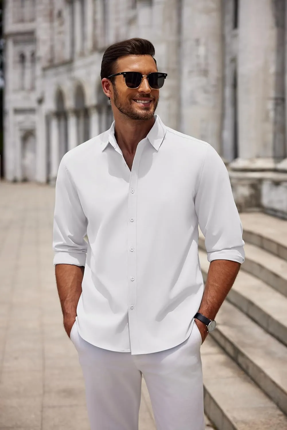COOFANDY Men's Long Sleeve Button Down Shirts Casual Untucked Dress Shirt Summer Beach Wedding Shirts
