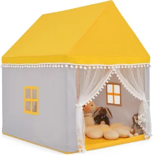 COSTWAY Kids Play House Princess Tent Fabric Tent with Solid Wood Frame and Cotton Cover Kids Castle 120 x 105 x 140 cm Yellow Grey