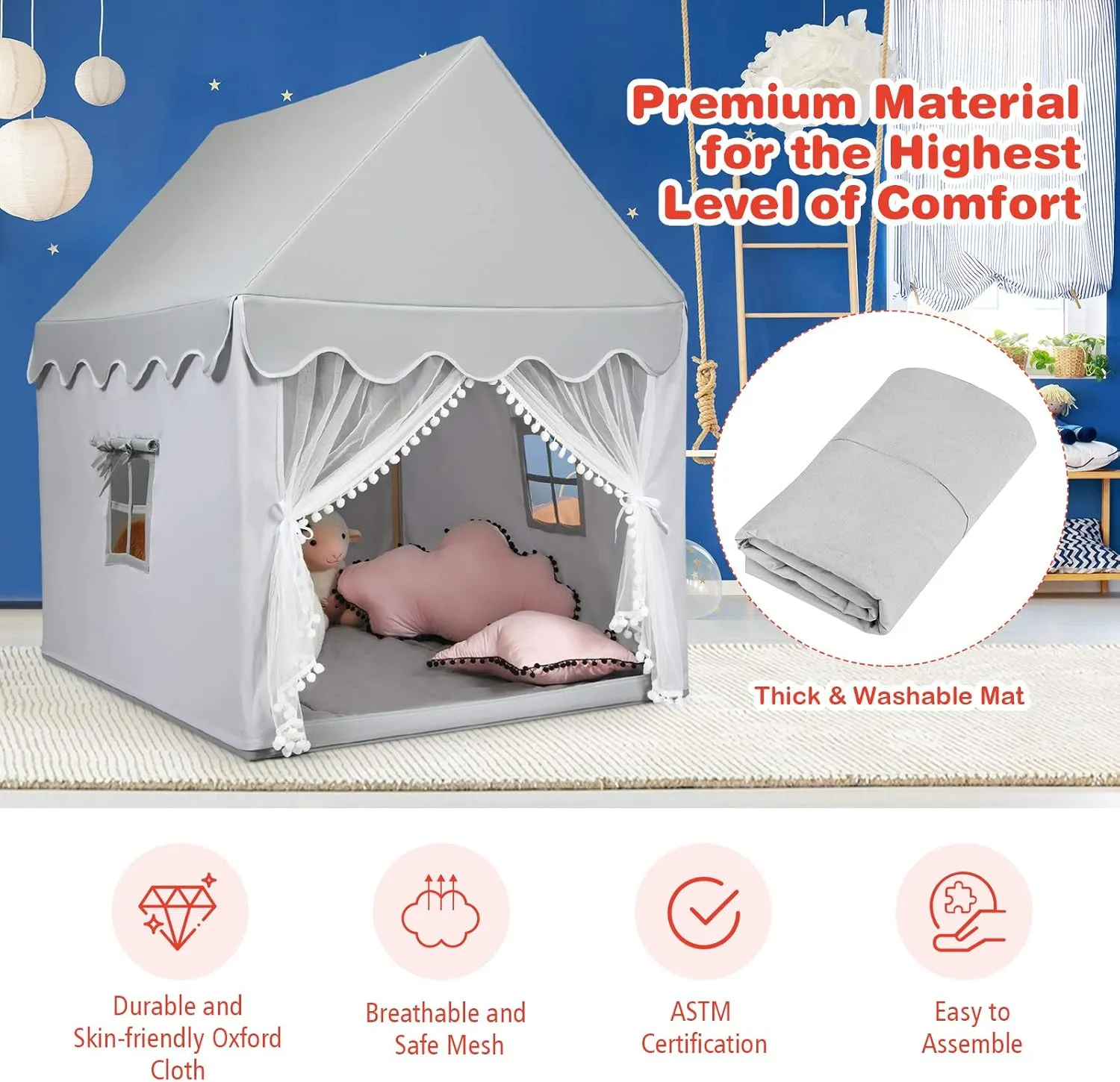 Costzon Kids Play Tent, Large Playhouse w/Washable Mat, Windows, Solid Wood Frame, Indoor Outdoor Princess Tent for Children Boys & Girls, Castle Fairy Tent, Holiday Birthday Gift (Gray)