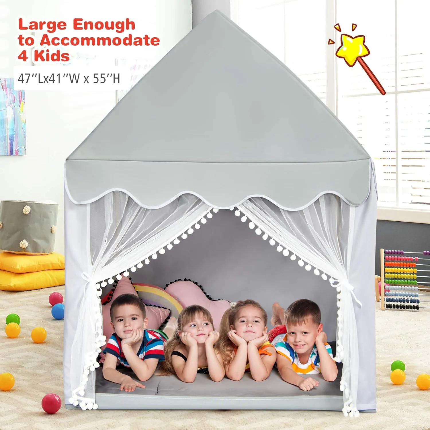 Costzon Kids Play Tent, Large Playhouse w/Washable Mat, Windows, Solid Wood Frame, Indoor Outdoor Princess Tent for Children Boys & Girls, Castle Fairy Tent, Holiday Birthday Gift (Gray)