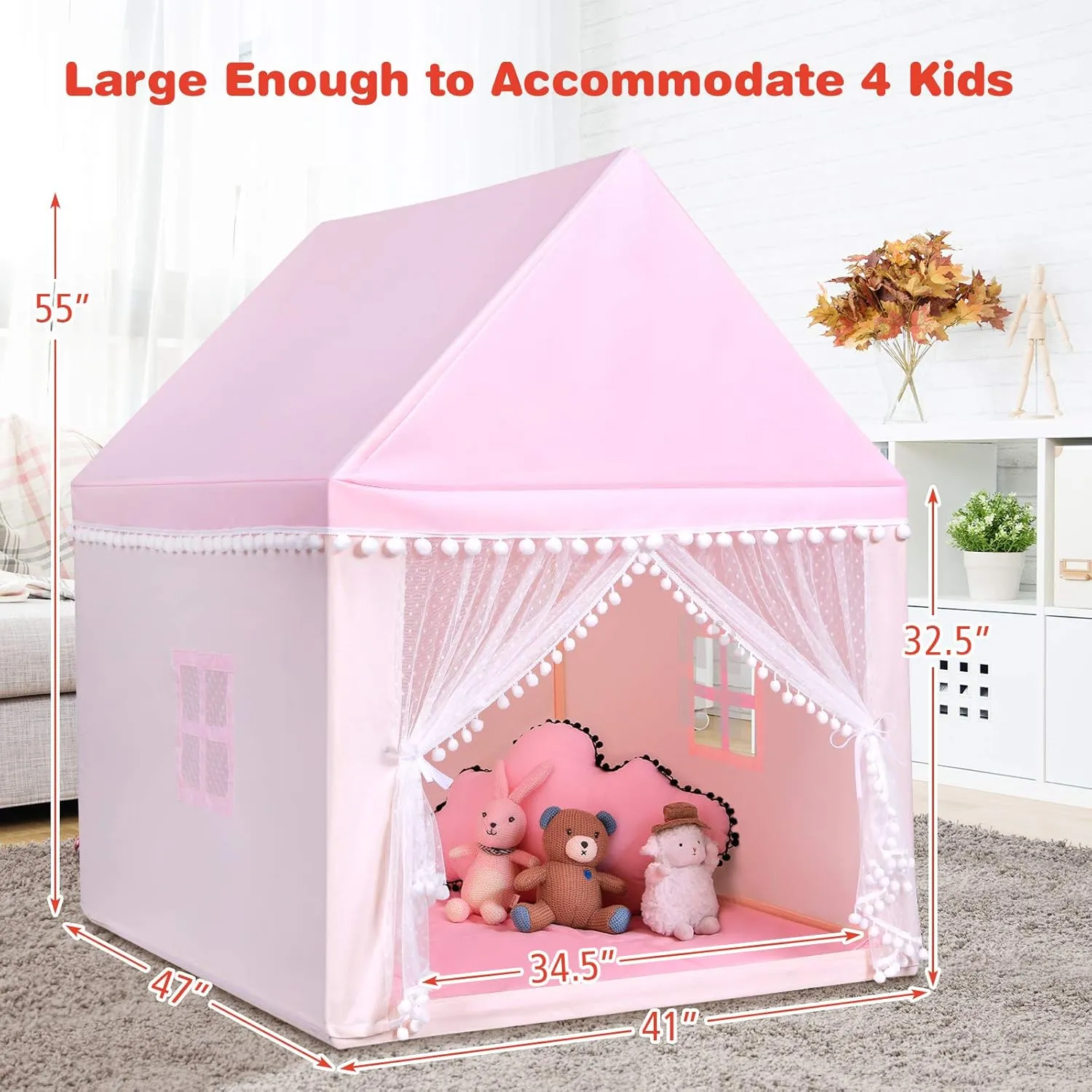 Costzon Kids Play Tent, Large Playhouse w/Washable Mat, Windows, Solid Wood Frame, Indoor Outdoor Princess Tent for Children Boys & Girls, Castle Fairy Tent, Holiday Birthday Gift (Pink)