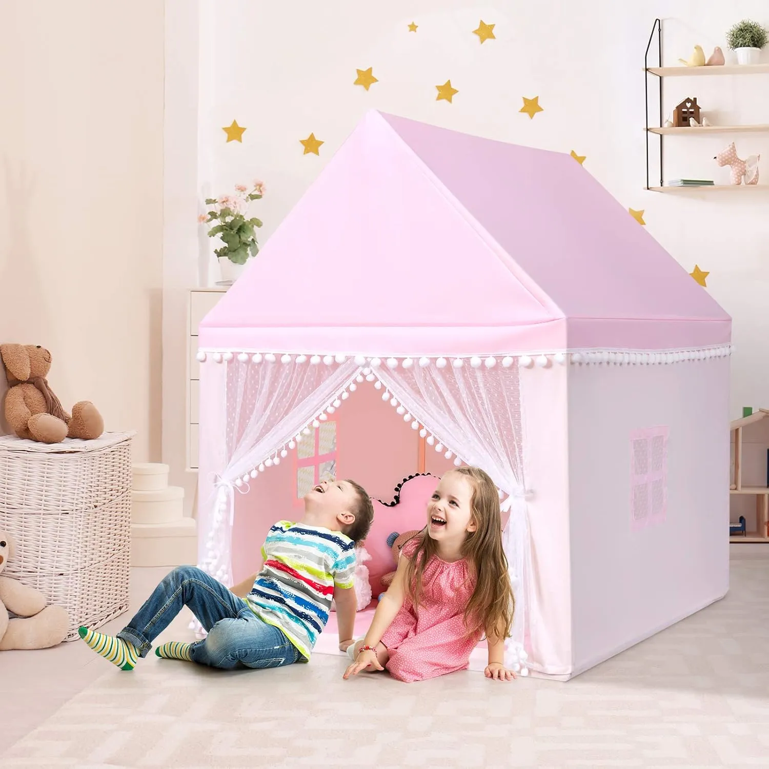 Costzon Kids Play Tent, Large Playhouse w/Washable Mat, Windows, Solid Wood Frame, Indoor Outdoor Princess Tent for Children Boys & Girls, Castle Fairy Tent, Holiday Birthday Gift (Pink)
