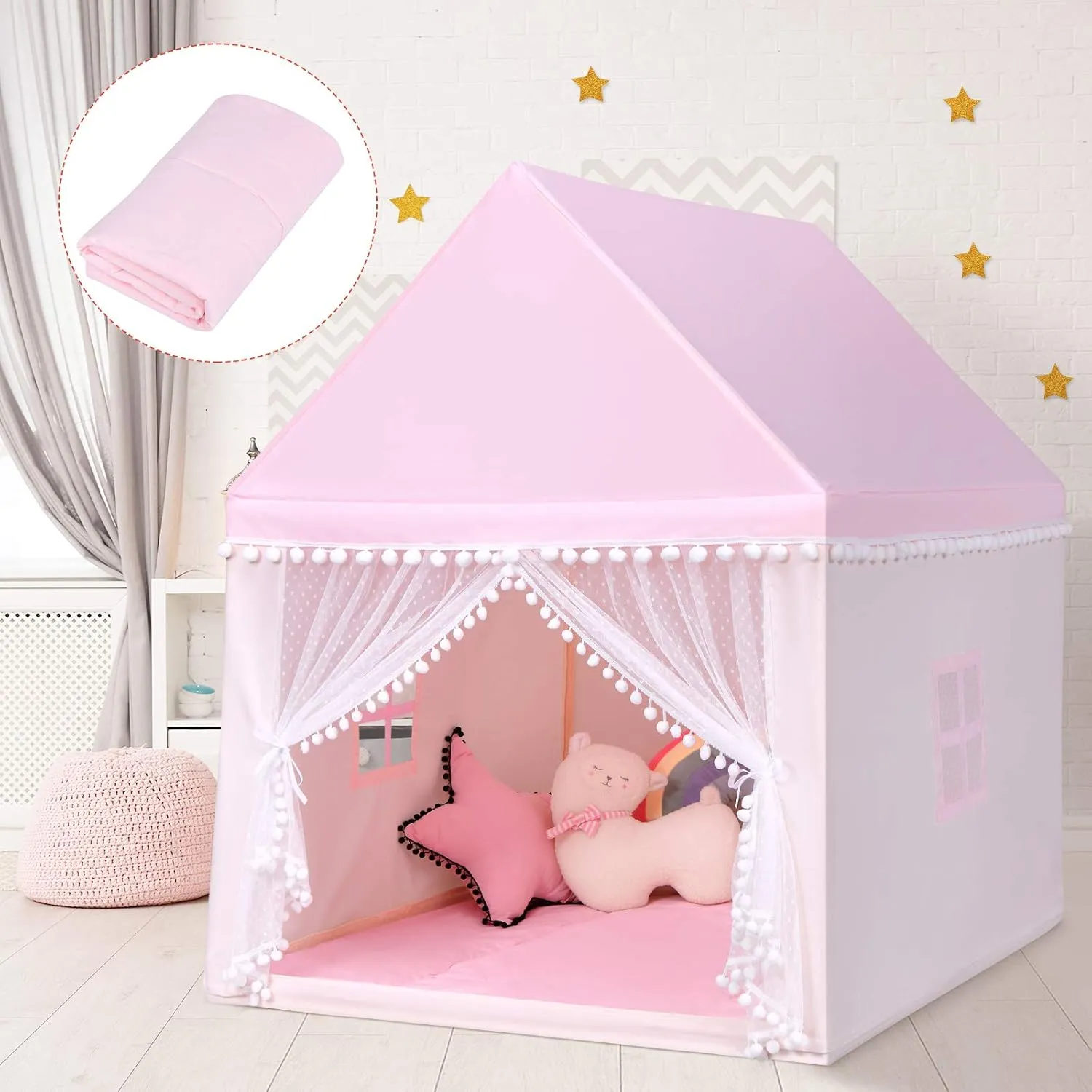 Costzon Kids Play Tent, Large Playhouse w/Washable Mat, Windows, Solid Wood Frame, Indoor Outdoor Princess Tent for Children Boys & Girls, Castle Fairy Tent, Holiday Birthday Gift (Pink)