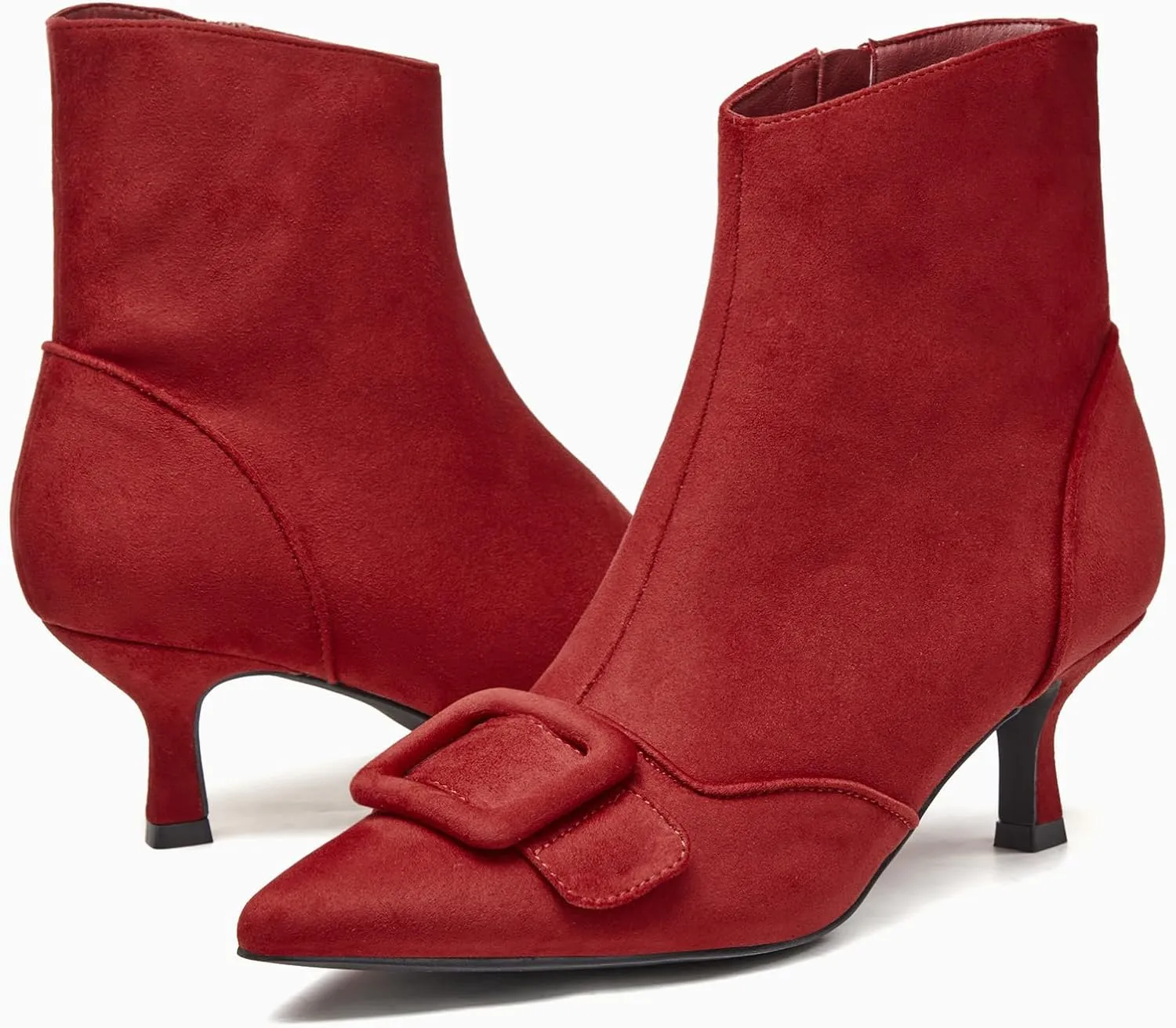 Coutgo Women's Kitten Heel Ankle Boots Pointed Toe Side Zipper Square Buckle Winter Booties