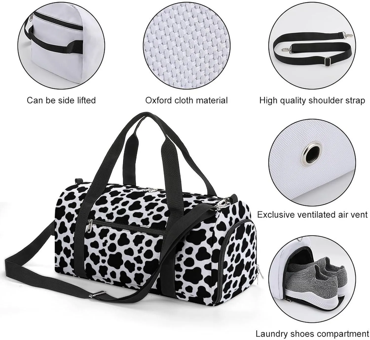 Cow Print Sport Gym Duffle Travel Bag with Shoe Compartment,Wet Pocket for Men and Women