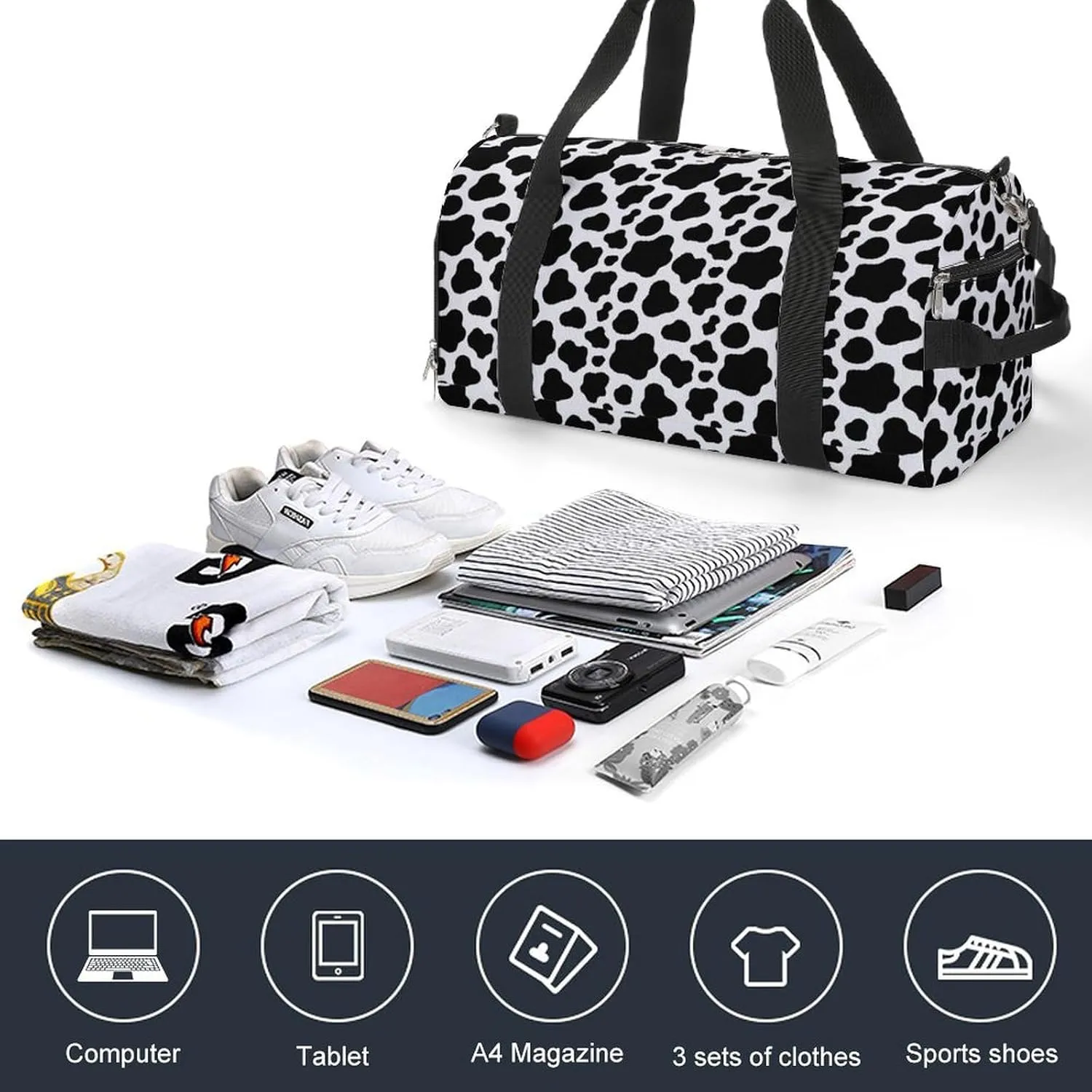 Cow Print Sport Gym Duffle Travel Bag with Shoe Compartment,Wet Pocket for Men and Women