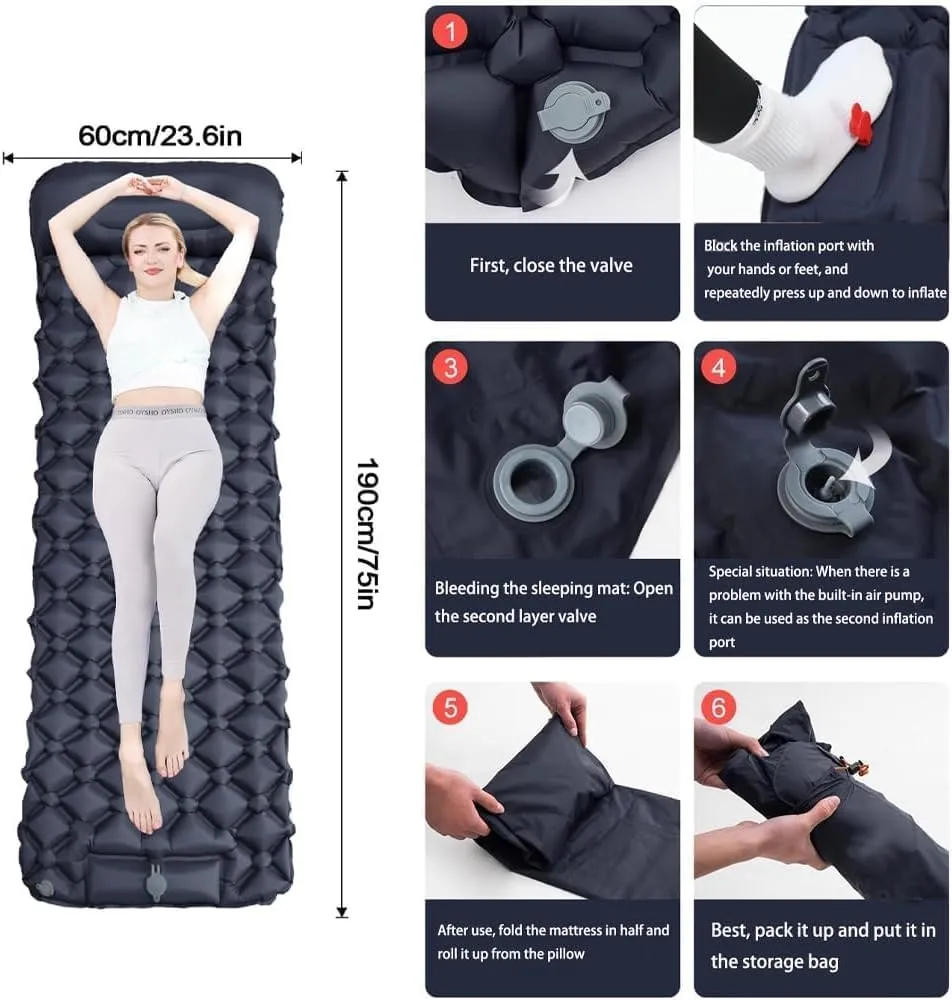 Coziya Matelas, 5cm Ultralight Inflatable Camping Mattress, Inflatable Sleeping Pad with Built-in Pillow, Anti-Slip Design for Backpacking, Hiking, Travel (Blue,Double)