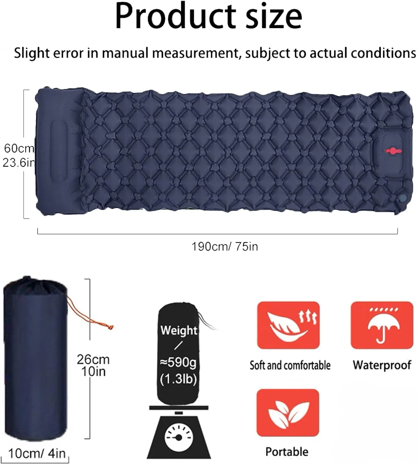Coziya Matelas, 5cm Ultralight Inflatable Camping Mattress, Inflatable Sleeping Pad with Built-in Pillow, Anti-Slip Design for Backpacking, Hiking, Travel (Blue,Double)