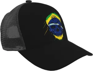Creative Brazil Patriot Skull National Flag Baseball Cap for Women Mens Mesh-Back Cap Golf Hat Dad Caps Trucker Hats Adjustable Breathable Baseball Caps