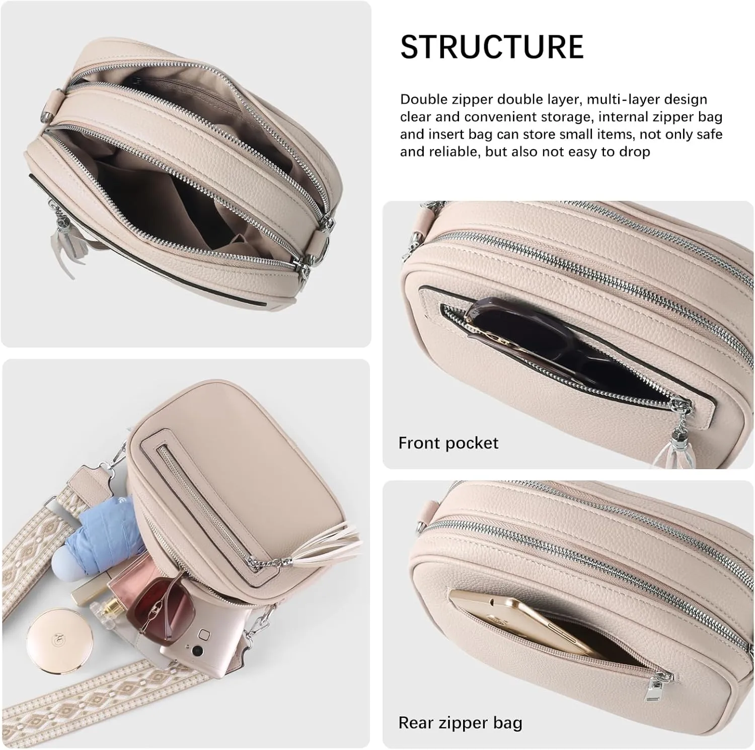 Crossbody Bag for Women Trendy Purse Small Shoulder Handbags with Wide Strap With Multi-compartment double zipper